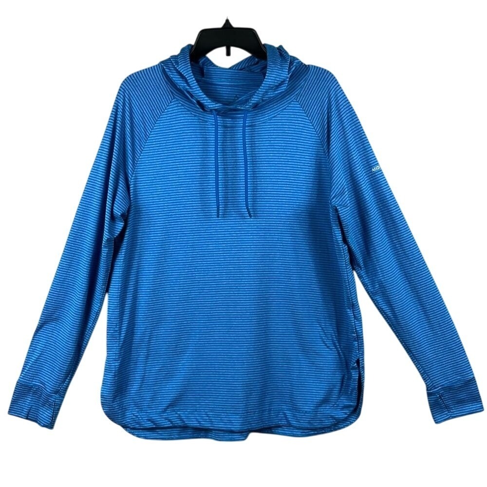 Ascend‎ Womens Long Sleeve Mock Neck Pullover Size Large Blue Striped Thumbholes